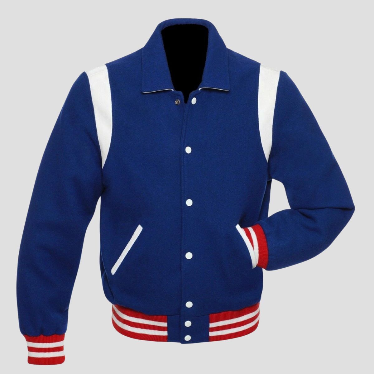 Retro blue wool varsity jacket with white leather trim, snap button front, red white rib cuffs, and vintage letterman style for men.