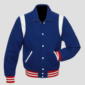 Retro blue wool varsity jacket with white leather trim, snap button front, red white rib cuffs, and vintage letterman style for men.