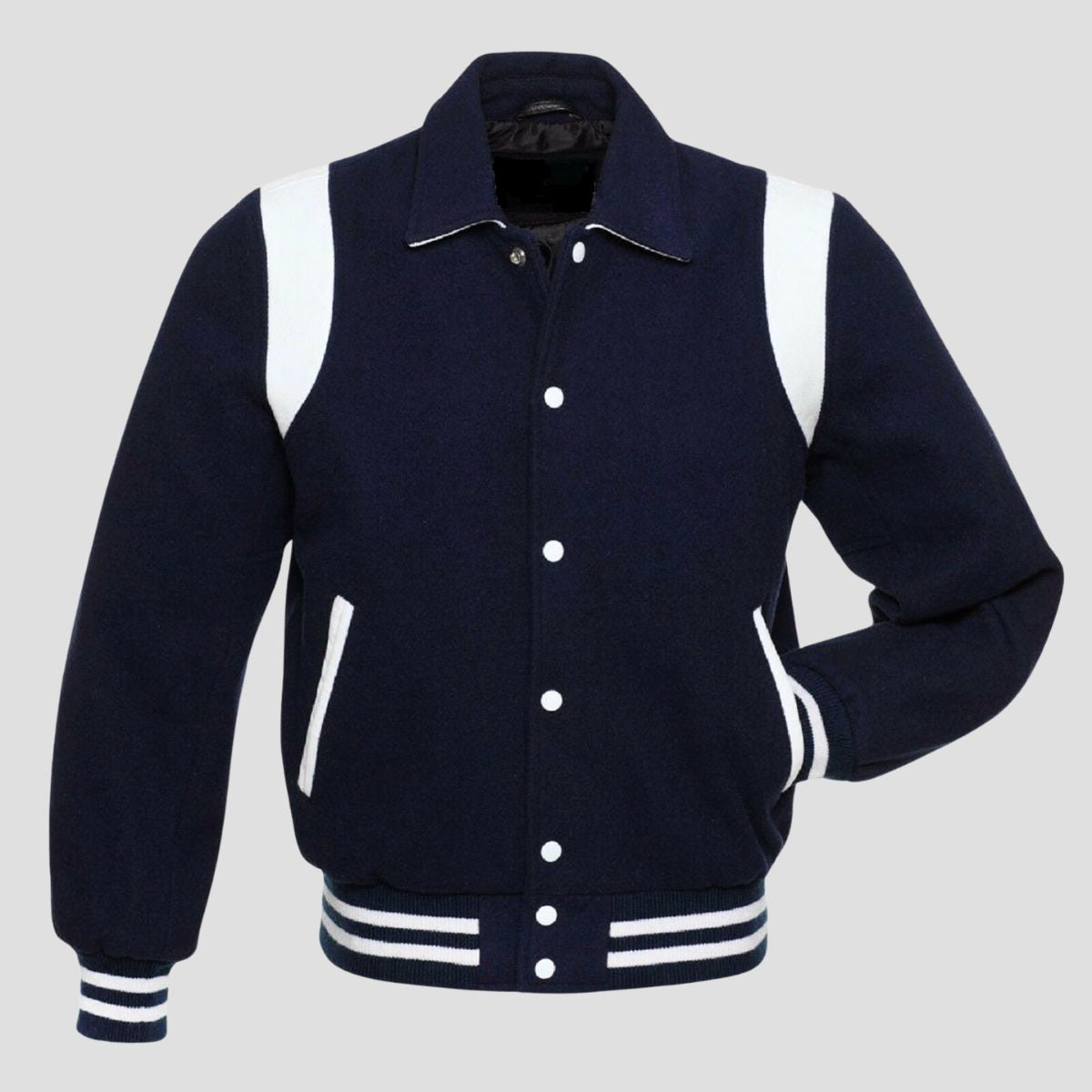 Retro navy blue wool varsity jacket with white leather trim, snap button front, striped rib cuffs, and vintage letterman style for men.
