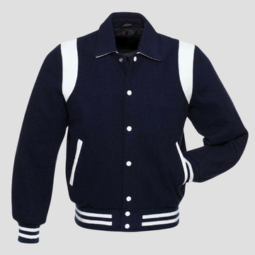 Retro navy blue wool varsity jacket with white leather trim, snap button front, striped rib cuffs, and vintage letterman style for men.