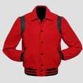 Retro red wool varsity jacket with black leather trim, snap button front, striped rib waistband, and vintage letterman style for men.