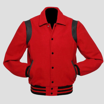 Retro red wool varsity jacket with black leather trim, snap button front, striped rib waistband, and vintage letterman style for men.