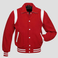 Retro red wool varsity jacket with white leather trim, snap button front, striped rib waistband, and vintage letterman style for men.