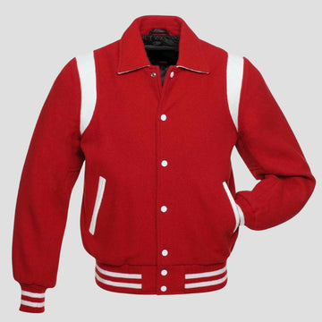 Retro red wool varsity jacket with white leather trim, snap button front, striped rib waistband, and vintage letterman style for men.