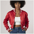 Trendy scarlet red satin varsity jacket with a cropped fit, ideal for modern streetwear and casual outfits.