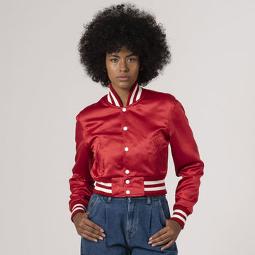 Scarlet red satin crop top varsity jacket featuring a sleek design, perfect for a stylish and sporty look