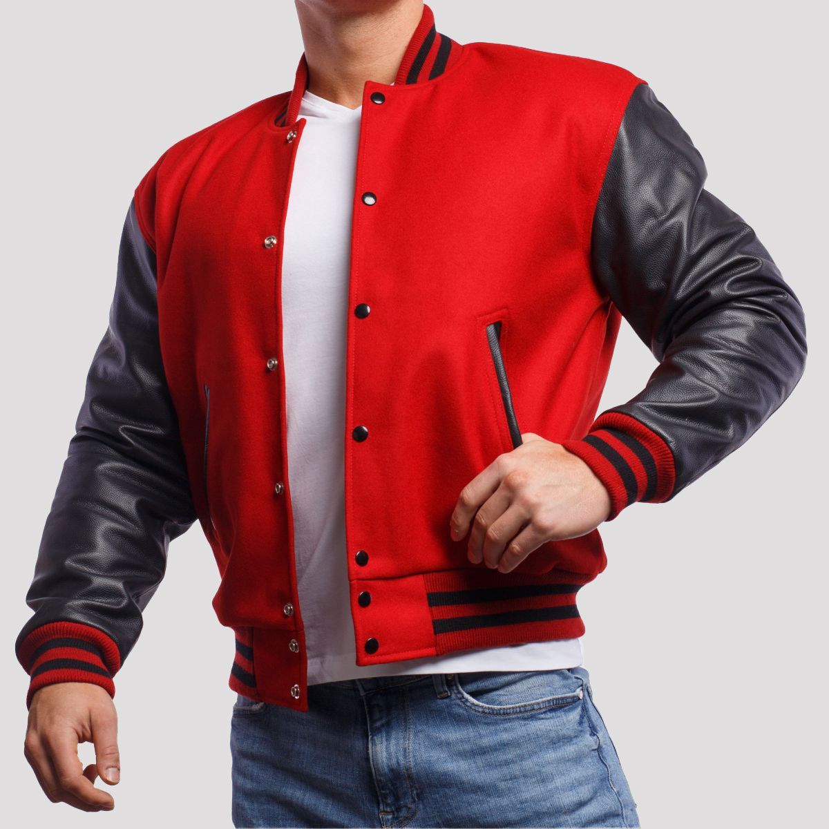 Scarlet Red Wool & Black Leather Sleeves Letterman Jacket