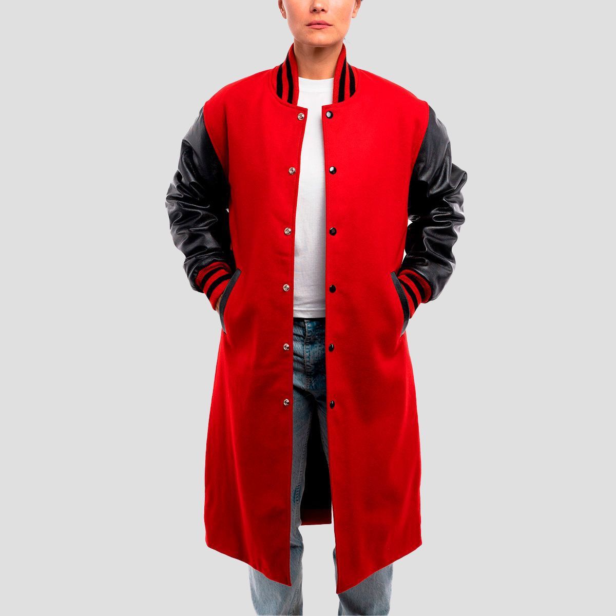 Women's scarlet red wool letterman coat with elegant black leather sleeves, designed for both comfort and style