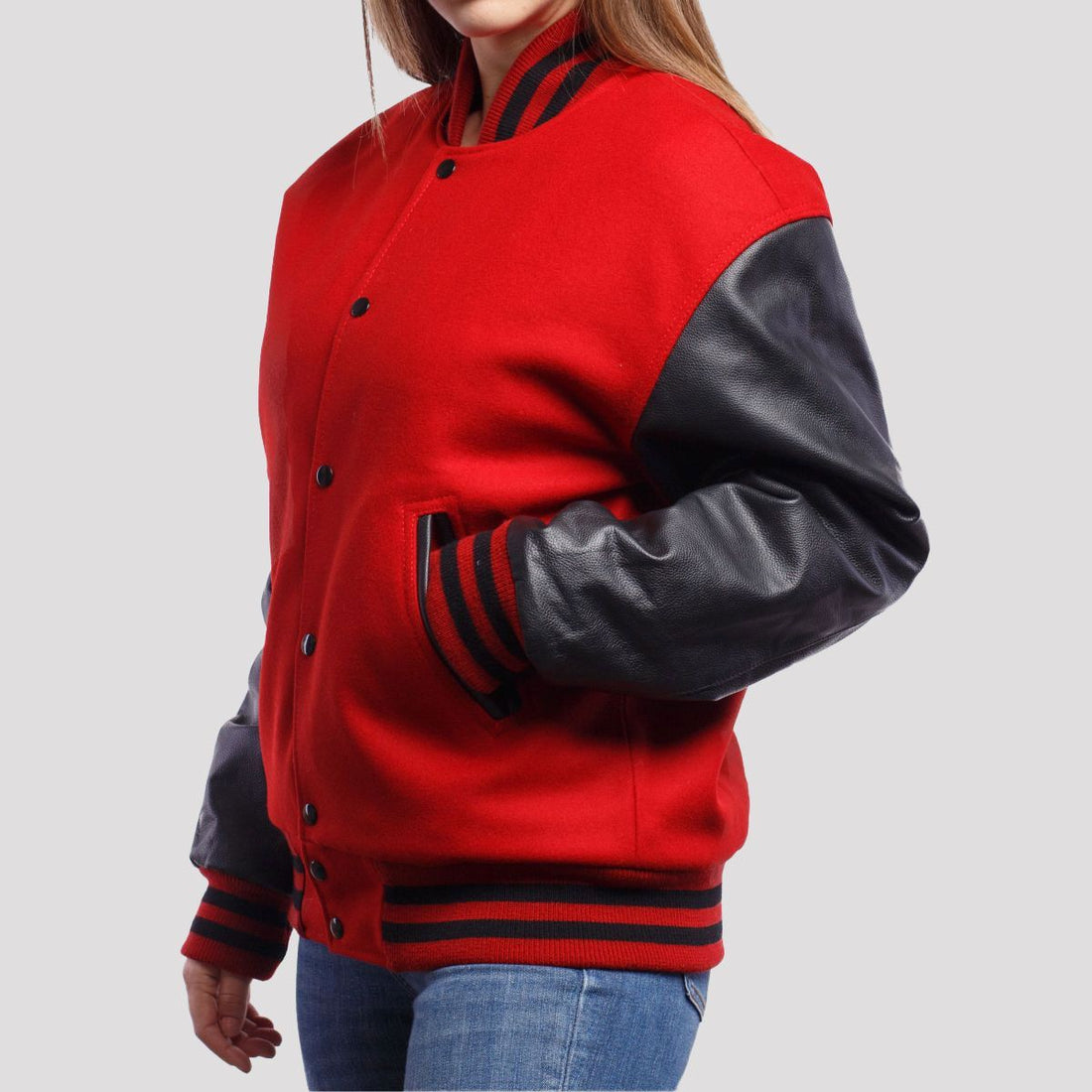 Scarlet Wool & Black Leather Sleeves Letterman Jacket