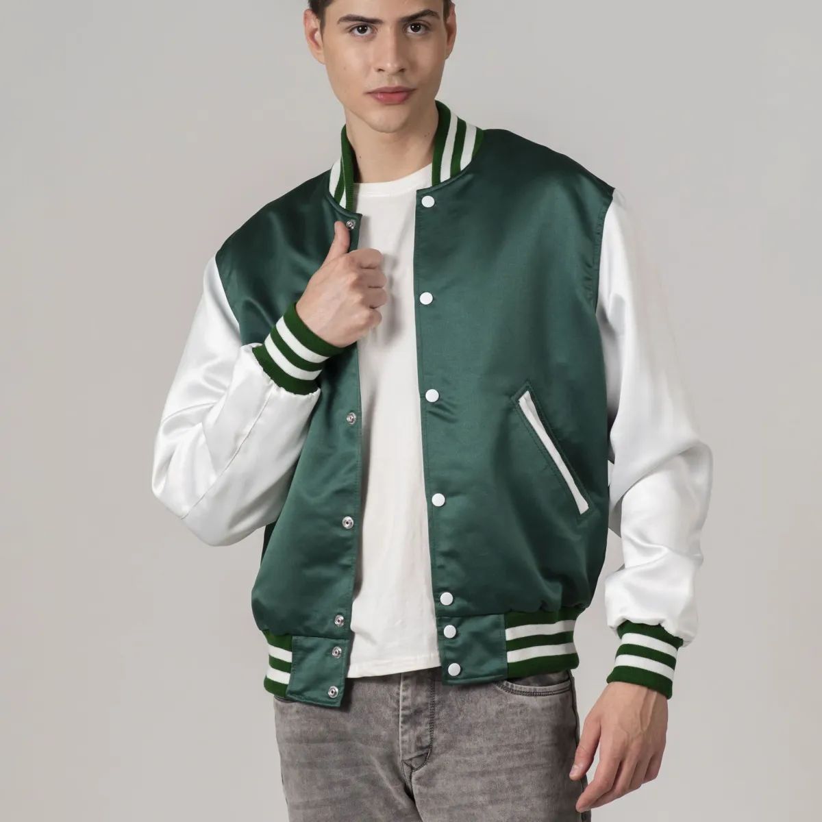 Kelly Green White Satin Varsity Bomber Jacket Men front view with snap buttons