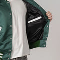 Premium satin varsity bomber jacket in kelly green and white color for men