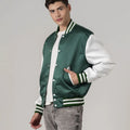 Men’s kelly green satin varsity jacket with white sleeves and striped rib trim