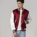 Men’s maroon satin varsity jacket with white sleeves and snap buttons