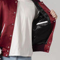 Classic satin varsity bomber jacket in maroon and white color for men