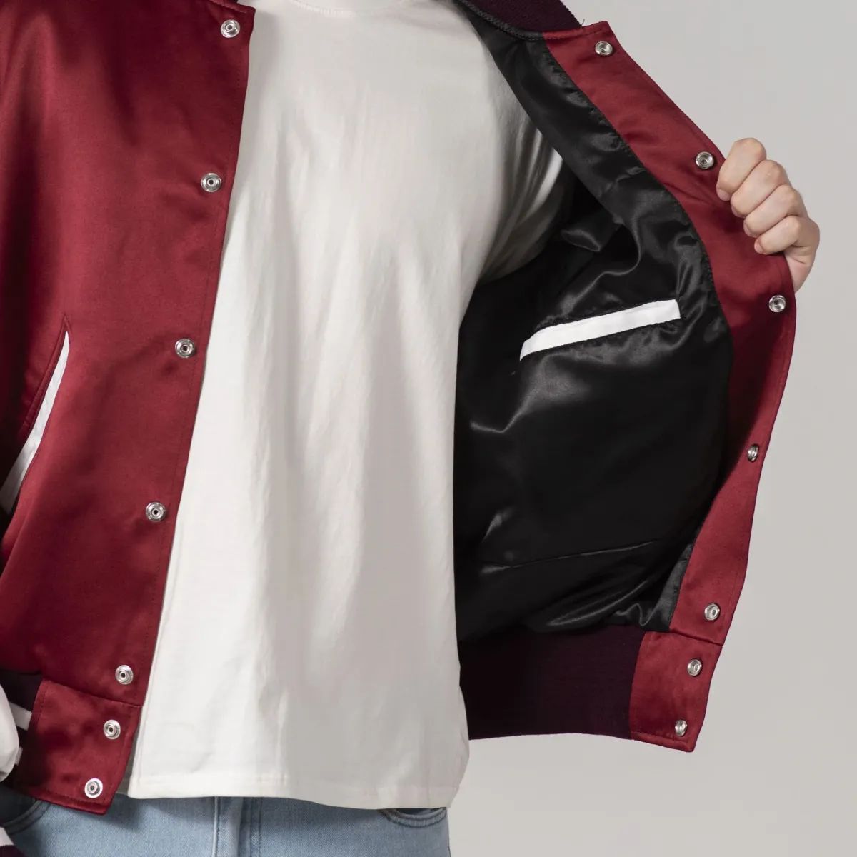 Classic satin varsity bomber jacket in maroon and white color for men