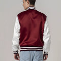Maroon white letterman bomber jacket for men with striped rib trim