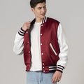 Premium Maroon White Satin Varsity Bomber Jacket for Men front view