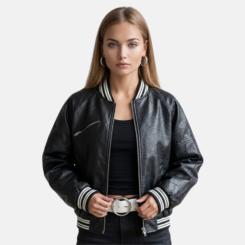 Women’s black leather varsity jacket with striped ribbed collar and zipper front