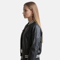 Stylish black leather bomber jacket for women with modern fit and zip closure