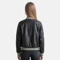 Premium black leather jacket for women with ribbed cuffs and casual streetwear look